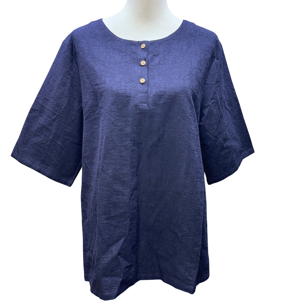 M.N. Top Women L Navy Blue Cotton/Linen Textured Henley Tunic Coastal Lagenlook
